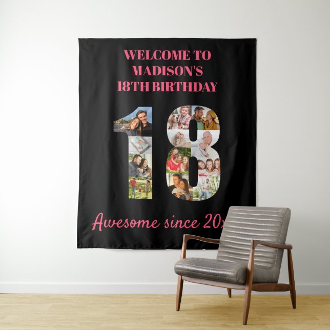 18th Birthday Photo Collage Pink Black Backdrop Tapestry (In Situ)