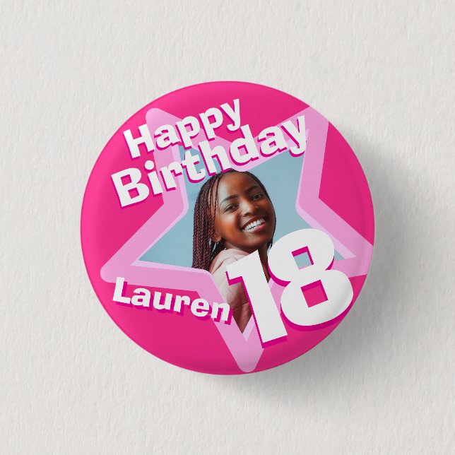 18th Birthday photo fun hot pink button/badge 1 Inch Round Button (Front)