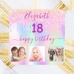 18th birthday photo pink glitter holographic square sticker<br><div class="desc">For a 18th birthday party. A collage of 3 of your photos of herself, friends, family, interest or pets. A girly, feminine rainbow, holographic coloured background in purple, pink, rose gold and mint green. Decorated with faux glitter drips, paint dripping look. Personalize and add her name and age 18. The...</div>