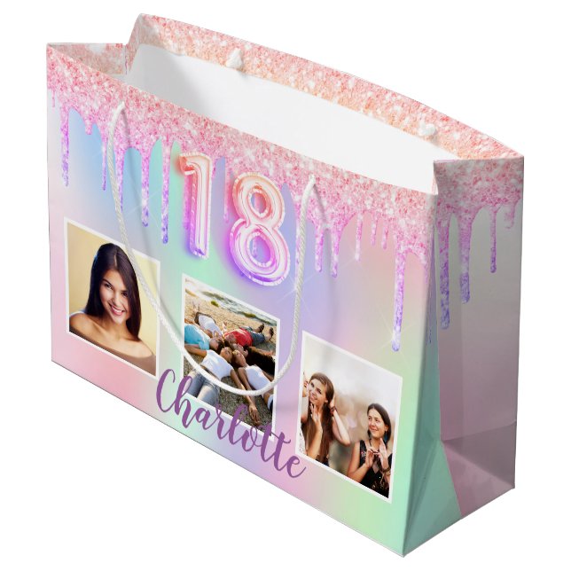 18th birthday photo pink purple holographic large gift bag (Back Angled)