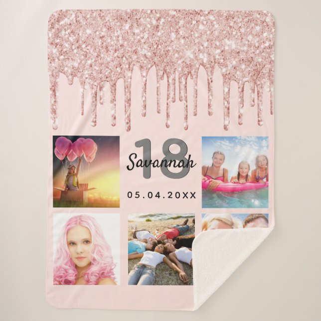 18th birthday photo rose gold blush name sherpa blanket (Front)