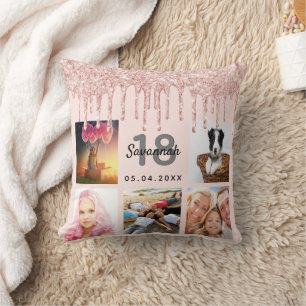 18th birthday photo rose gold glitter blush pink throw pillow