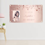 18th birthday photo rose gold pink glittery stars banner<br><div class="desc">A banner for a girly and glamourous 18th birthday party. A faux rose gold metallic looking background with shiny and glittery dripping stars. Personalize and add your own photo, a name written in dark rose gold with a large modern hand lettered style script with swashes. To keep the swashes only...</div>