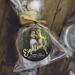 18th Birthday photo script gold effect 18 key Classic Round Sticker