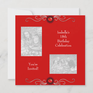18th Birthday Photos Silver Red Jewel Trim Invitation