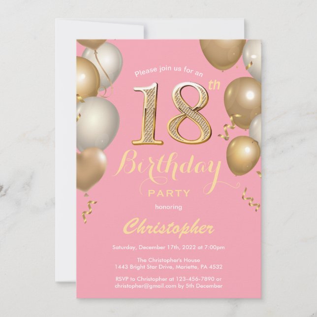 18th Birthday Pink and Gold Balloons Confetti Invitation (Front)