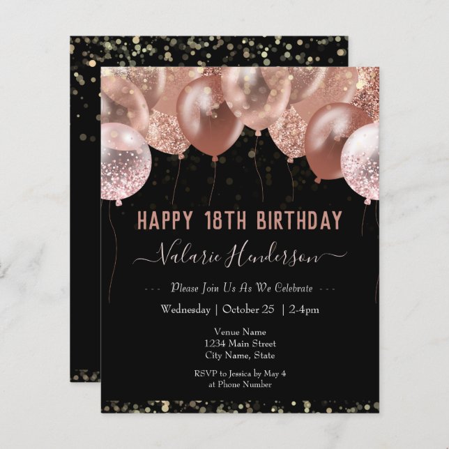 18th Birthday Pink Balloons Budget Invitation (Front/Back)