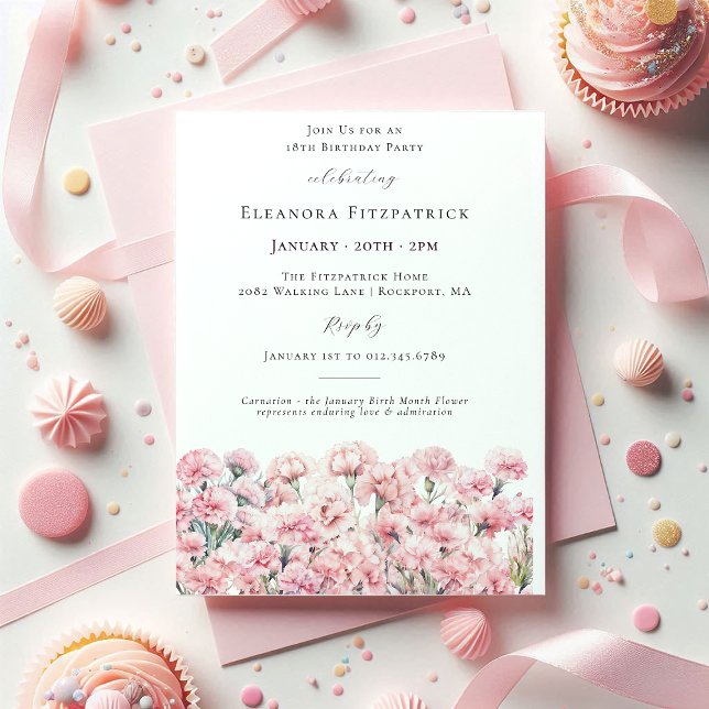 18th Birthday Pink Carnation January Birth Flower Invitation (Creator Uploaded)