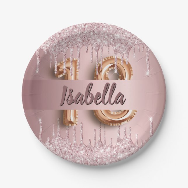 18th birthday pink dusty rose glitter monogram paper plate (Front)