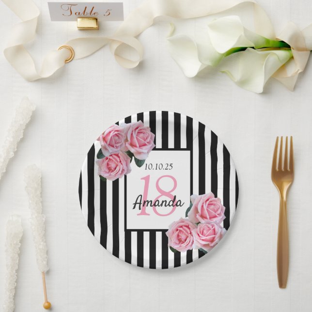18th birthday pink flowers black white stripes paper plate (Wedding)