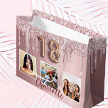 18th birthday pink glitter drips photo monogram large gift bag<br><div class="desc">A gift bag for a girly and glamourous 18th birthday. A pink faux metallic looking background with faux glitter drips, paint dripping look. Personalize and add 3 photos and a name. Number 18 is written with a balloon style font. Perfect as a party favour bag or as a gift bag....</div>