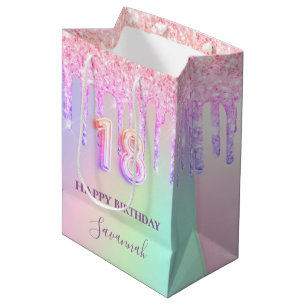 18th birthday pink glitter drips rainbow monogram  medium gift bag