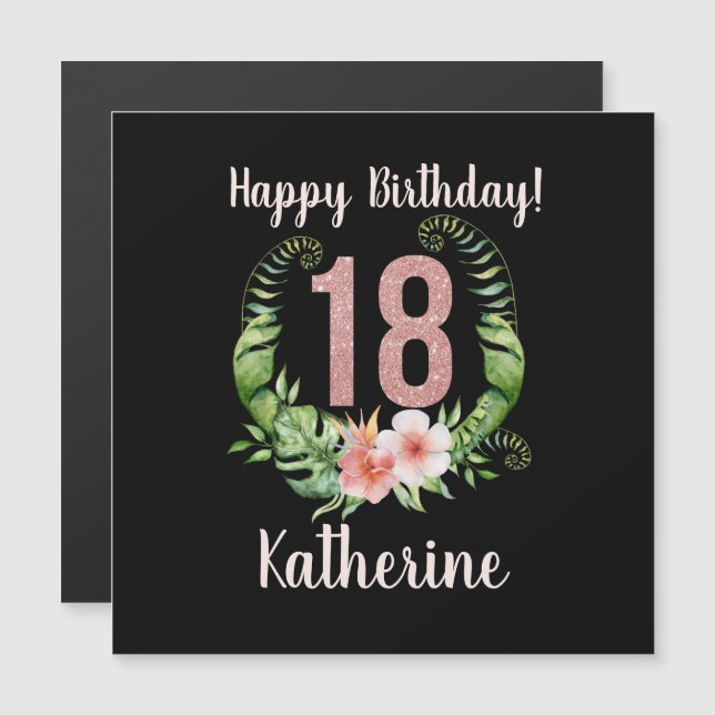 18th Birthday Pink Glitter Floral Name Card (Front/Back)