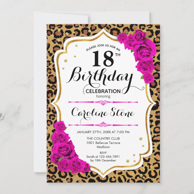 18th Birthday - Pink Gold Leopard Print Invitation (Front)