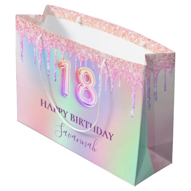 18th birthday pink purple drips holographic large gift bag (Back Angled)