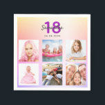 18th birthday pink purple rose gold photo name napkin<br><div class="desc">For a glamourous 18th birthday party, celebrating her life with a collage of 6 of your photos. Personalize and add a name, age 18 and a date. Date of birth or the date of the party. Purple and dark grey coloured letters. A trendy rainbow coloured background in purple, violet, pink...</div>