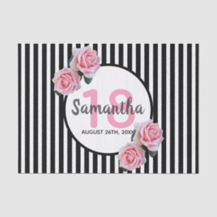 18th birthday pink roses black white stripes tissue paper