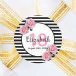 18th birthday pink roses on black white stripes classic round sticker<br><div class="desc">A sticker for a 18th birthday party. Classic slim black and white stripes as background. With girly and feminine pink roses as decoration. A frame on front with template for age, name and date. Age number in pink, name and date in black. The name is written with a hand-lettered style...</div>
