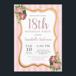 18th Birthday Pink Stripe Floral Gold Glitter Invitation<br><div class="desc">18th Vintage Shabby Chic Blush Pink Stripe Gold Glitter Floral Birthday Party Invitation</div>