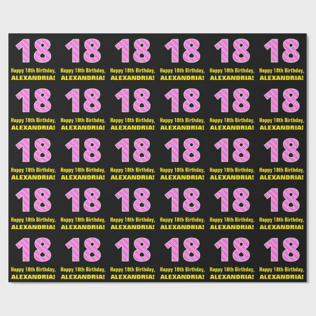 18th Birthday: Pink Stripes and Hearts "18" + Name Wrapping Paper (Flat)