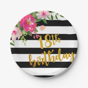 18th Birthday Plate - Floral with Black & White
