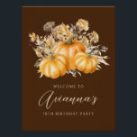 18th Birthday Pumpkin Rustic Fall Welcome Sign<br><div class="desc">Elegant orange watercolor pumpkins are surrounded by fall flowers and foliage. The rich dark background frames it to perfection,  making it perfect for an autumn birthday party. Available on paper or as a digital download.</div>