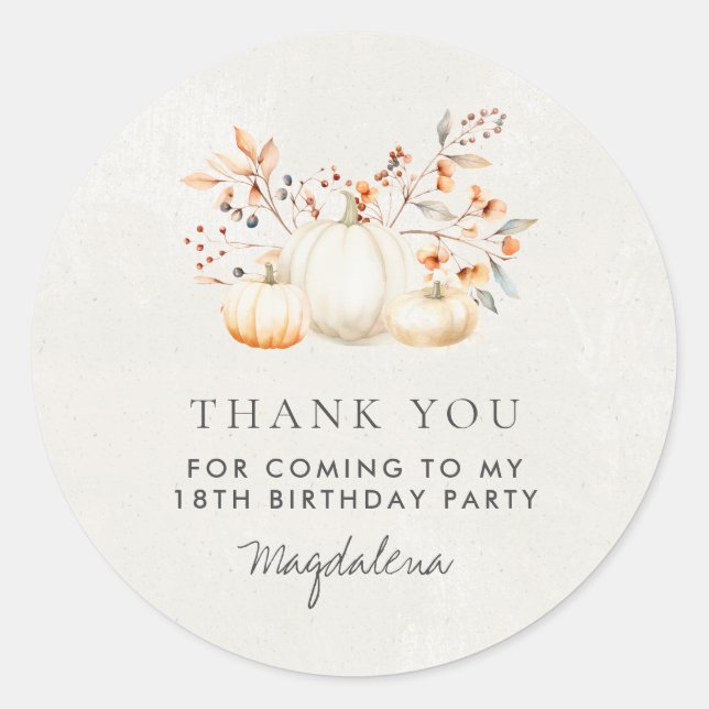 18th Birthday Pumpkin Thank You Favour Classic Round Sticker (Front)