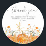 18th Birthday Pumpkin Wildflower Custom Thank You Classic Round Sticker<br><div class="desc">Fall pumpkins are nestled in delicate golden yellow and orange wildflowers to create an elegant aesthetic. All of the text is editable so you can easily craft your own special mood.</div>