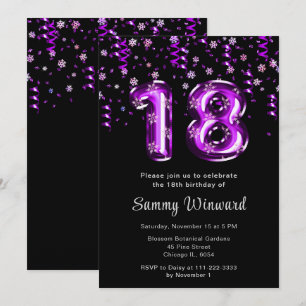 18th Birthday Purple Balloons Snowflake Confetti Invitation