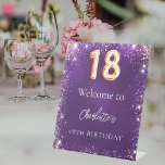 18th birthday purple glitter sparkles welcome pedestal sign<br><div class="desc">A welcome sign for a girly and glamourous 18th birthday party.  A deep purple background decorated with faux glitter,  sparkles. The purple colour is uneven. Personalize and a name.</div>