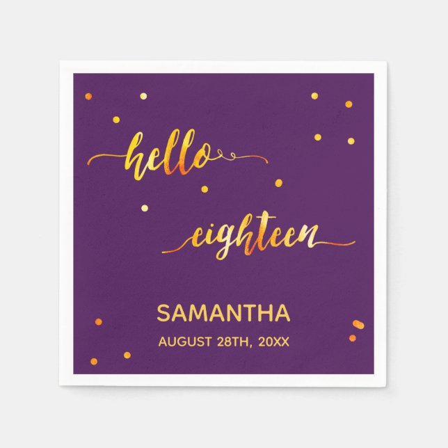 18th birthday purple gold hello 18 script name napkin (Front)
