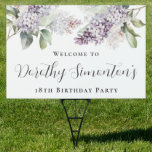 18th Birthday Purple Lilac Flower Welcome Yard Garden Sign<br><div class="desc">Soft watercolor purple lilacs create a pretty springtime 18th birthday welcome yard sign. The calligraphy adds an elegant touch. All of the text is easily edited. This item is part of the Purple Spring Lilac Flower collection. It lets you choose a theme and then easily create a unique invitation suite,...</div>