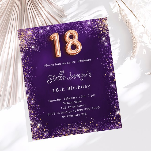 18th Birthday purple rose gold invitation (Creator Uploaded)