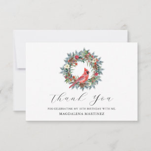 18th Birthday Red Cardinal Wreath Custom Flat Thank You Card