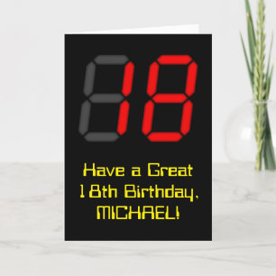 18th Birthday: Red Digital Clock Style "18" + Name Card