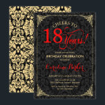 18th Birthday - Red Gold Black Damask Invitation<br><div class="desc">18th Birthday Invitation.
Elegant vintage black,  red and faux gold design with damask pattern. Features script font. Cheers to 18 years! Can be personalized into any age! Message me if you need further customization.</div>