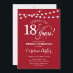 18th Birthday - Red White Invitation<br><div class="desc">18th Birthday Invitation.
Simple red and white design with fairy string lights and script font. Cheers to 18 years! Can be personalized into any age! Message me if you need further customization.</div>