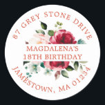 18th Birthday Rose Floral Return Address Label<br><div class="desc">Add a special touch to your birthday invitation envelopes with this elegant round design. It features a watercolor red and pink rose floral in the centre. Dark green leaves give it a rustic botanical vibe. The name and birthday is written across the centre on a white strip, and the address...</div>