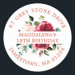 18th Birthday Rose Floral Return Address Label<br><div class="desc">Add a special touch to your birthday invitation envelopes with this elegant round design. It features a watercolor red and pink rose floral in the centre. Dark green leaves give it a rustic botanical vibe. The name and birthday is written across the centre on a white strip, and the address...</div>