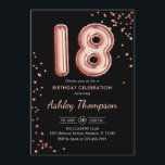 18th Birthday - Rose Gold Balloons Black Invitation<br><div class="desc">18th birthday party invitation. Elegant design in faux glitter rose gold and black. Invite card features rose gold number 18 balloons and script font. Perfect for a stylish bday celebration. Message me if you need custom age.</div>