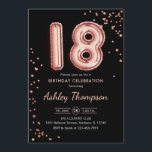 18th Birthday - Rose Gold Balloons Black Invitation<br><div class="desc">18th birthday party invitation. Elegant design in faux glitter rose gold and black. Invite card features rose gold number 18 balloons and script font. Perfect for a stylish bday celebration. Message me if you need custom age.</div>