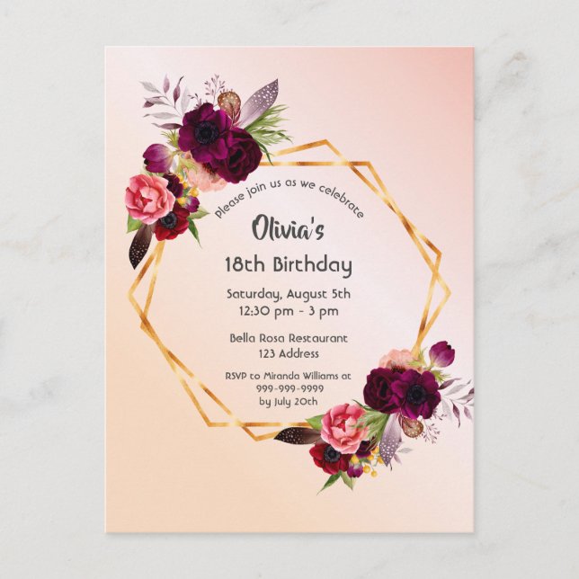18th birthday rose gold blush floral invitation postcard (Front)