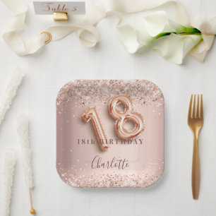 18th birthday rose gold blush glitter name paper plate