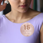 18th birthday rose gold blush glitter name tag 1 inch round button<br><div class="desc">Elegant, classic, glamourous and girly name tag for a 18th birthday party. Rose gold and blush gradient background. Decorated with rose gold, faux glitter, sparkles. Personalize and add a name. The name is written with a modern dark rose coloured hand lettered style script. Number 18 is written with a balloon...</div>