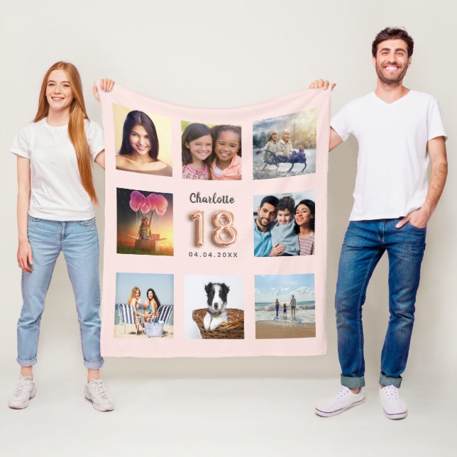 18th birthday rose gold blush photo collage name fleece blanket (In Situ)