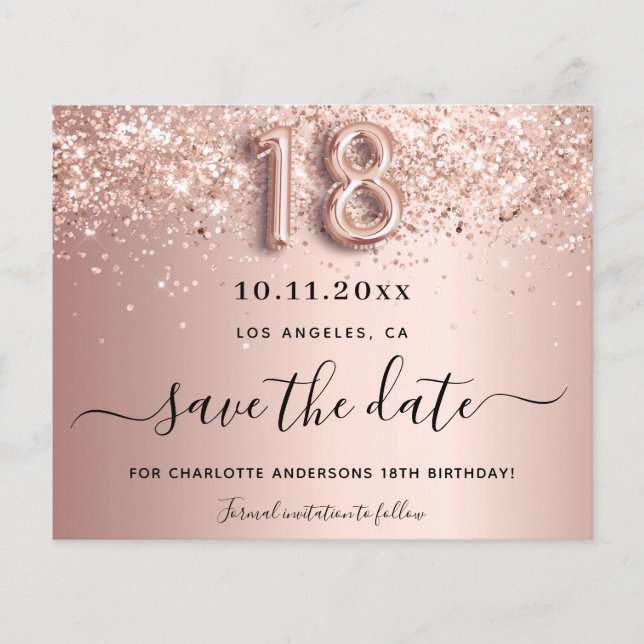 18th birthday rose gold blush save the date card (Front)