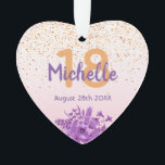 18th birthday rose gold confetti purple flowers ornament<br><div class="desc">Glamourous with elegant and modern rose gold,  blush pink gradient backdrop for a 18th birthday. With ultra violet and purple coloured watercolored flowers and golden confetti rain. Templates for name,  age 18 and date,  purple and golden coloured letters.  Perfect as a birthday gift,  party decoration or keepsake.</div>