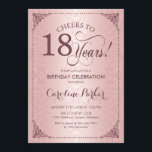 18th Birthday - Rose Gold Damask Invitation<br><div class="desc">18th Birthday Invitation.
Elegant vintage black and faux rose gold design with blush pink damask pattern. Features mauve script font. Cheers to 18 years! Can be personalized into any age! Message me if you need further customization.</div>