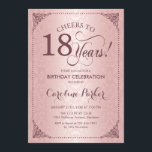 18th Birthday - Rose Gold Damask Invitation<br><div class="desc">18th Birthday Invitation.
Elegant vintage black and faux rose gold design with blush pink damask pattern. Features mauve script font. Cheers to 18 years! Can be personalized into any age! Message me if you need further customization.</div>