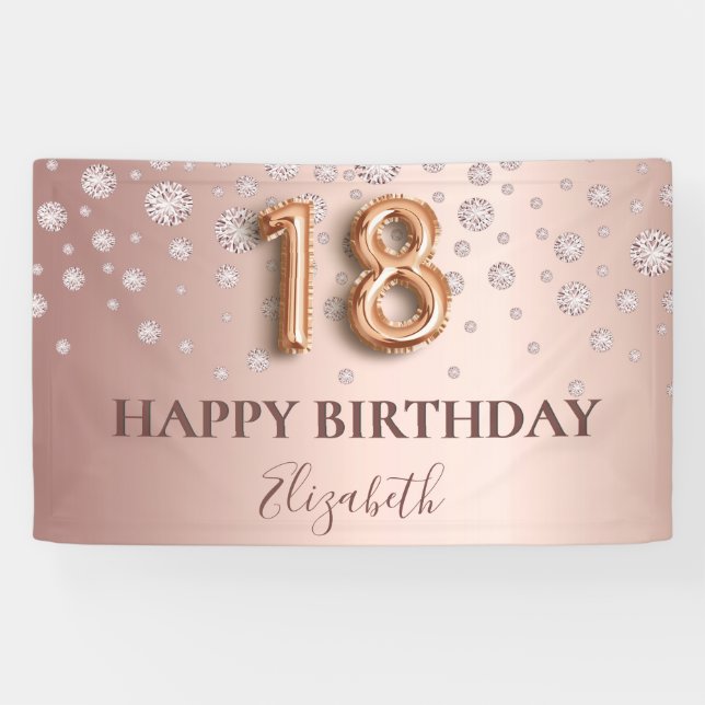 18th birthday rose gold diamonds balloon script banner (Horizontal)